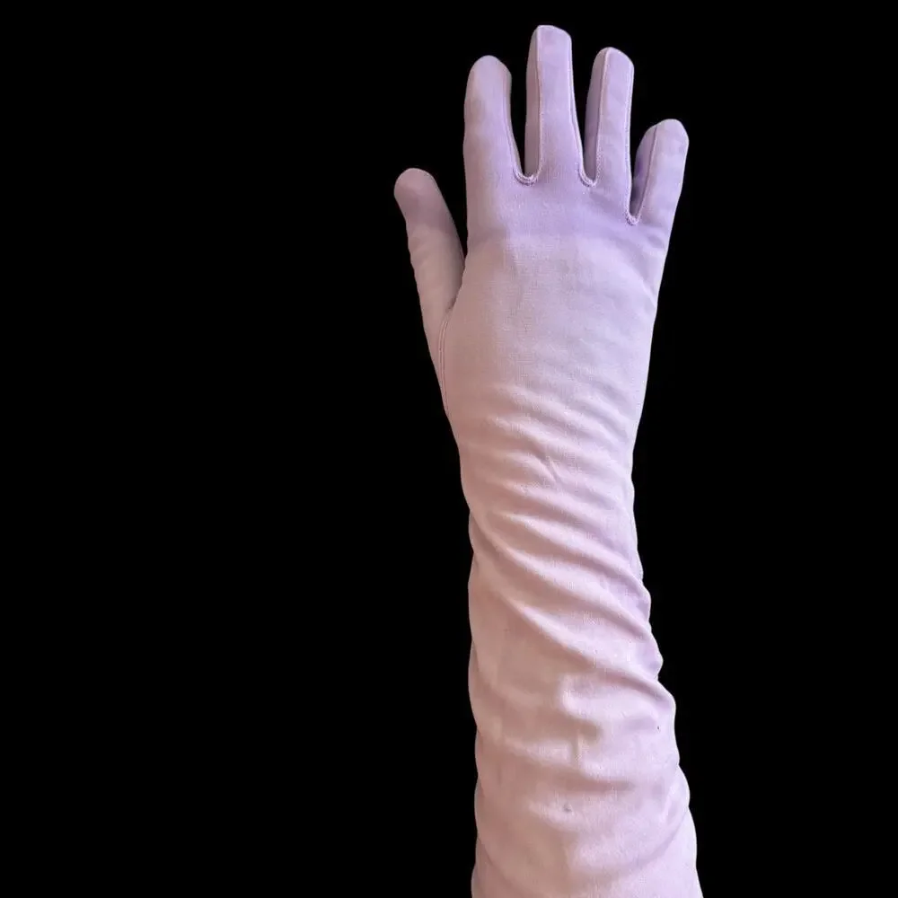 Vintage 1950s Lavender Nylon Opera Gloves Size 6 –Hand Dyed, Ruched Elbow Length